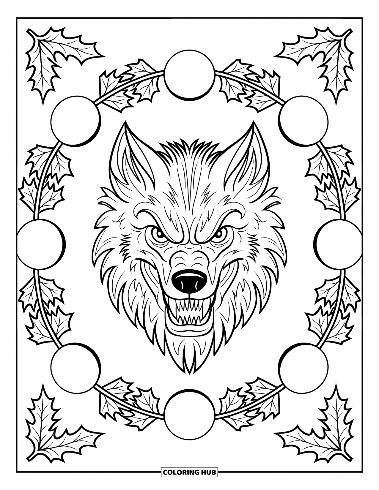 Halloween Monster Coloring Page for Adults: A howling werewolf surrounded by full moons and oak leaf patterns