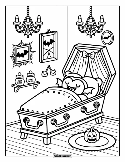 Coloriage de monstres d'Halloween pour adultes : Un petit vampire ronfle doucement parmi des coussins et des lustres couverts de toiles d'araignée