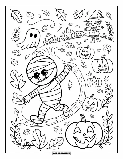 Coloriage de monstres d'Halloween pour adultes : Une momie et un fantôme s'amusent dans un champ de citrouilles aux visages sculptés