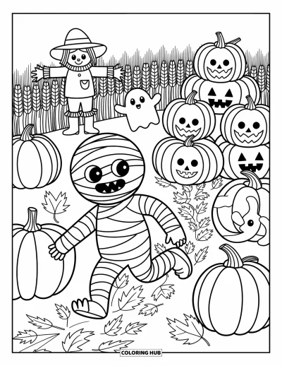 Coloriage de monstres d'Halloween pour adultes : Une momie espiègle culbute dans les citrouilles tandis que des feuilles d'automne tourbillonnent autour d'elle