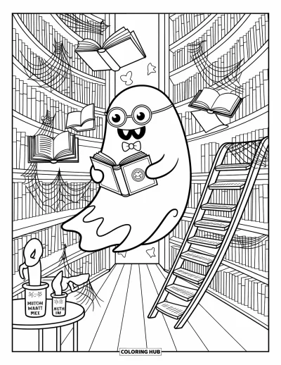 Coloriage de monstres d'Halloween pour adultes : Un fantôme érudit flotte parmi des livres et des bougies dans une bibliothèque enchantée