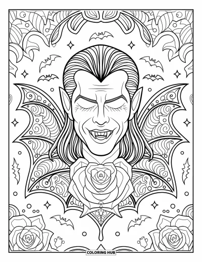Coloriage de monstres d'Halloween pour adultes : Un vampire apaisé encadré de roses, de chauves-souris et de motifs tourbillonnants