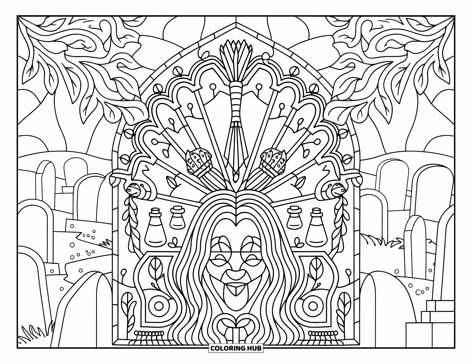 Halloween Monster Coloring Page for Adults: A serene witch framed by broomsticks and herbs gazes from a graveyard scene