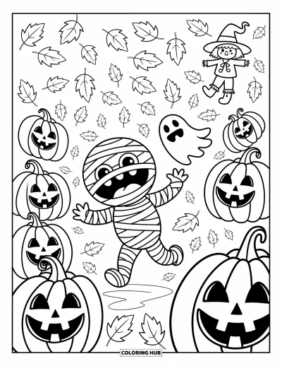 Coloriage de monstres d'Halloween pour adultes : Une momie maladroite trébuche sur ses bandages tandis qu'un petit fantôme joue à proximité