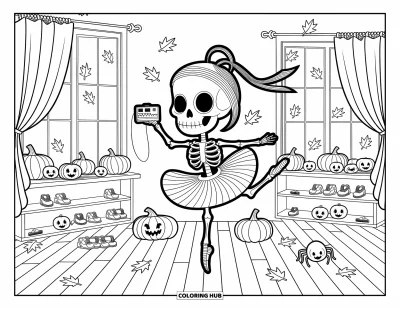 Coloriage de monstres d'Halloween pour adultes : Un squelette ballerine tourbillonne dans une pièce aux tons automnaux avec des décorations d'Halloween fantaisistes