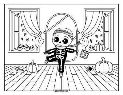 Coloriage de monstres d'Halloween pour adultes : Un squelette monstre danse dans un studio chaleureux avec des feuilles qui tourbillonnent