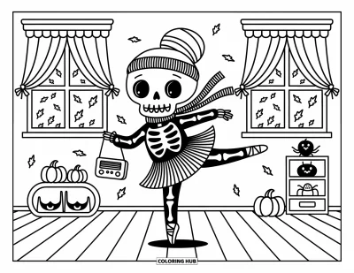 Coloriage de monstres d'Halloween pour adultes : Un squelette monstre s'entraîne au ballet tandis que des feuilles et des rideaux tourbillonnent autour de lui