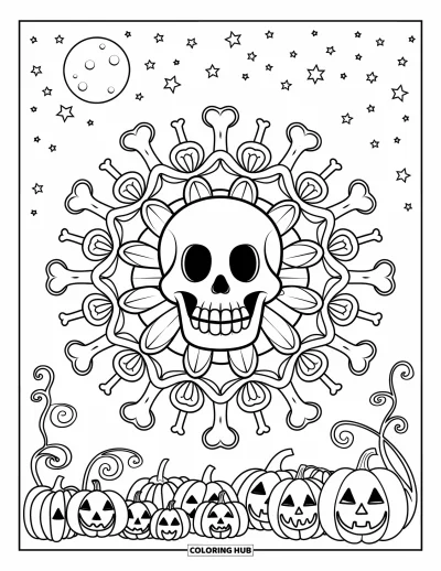 Coloriage de monstres d'Halloween pour adultes : Le crâne d'un squelette brille dans un mandala encadré de citrouilles et d'étoiles