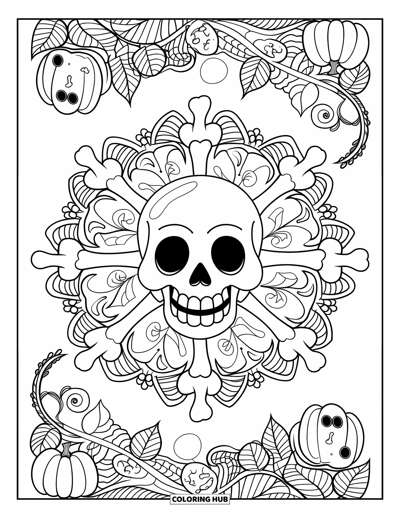 Halloween Monster Coloring Page for Adults: A skull sits at the heart of a swirling mandala of bones and vines