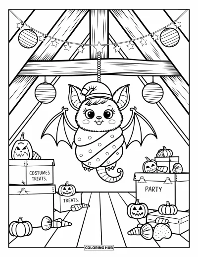 Coloriage de monstres d'Halloween pour adultes : Un monstre chauve-souris endormi pend à une poutre parmi des citrouilles et des étoiles