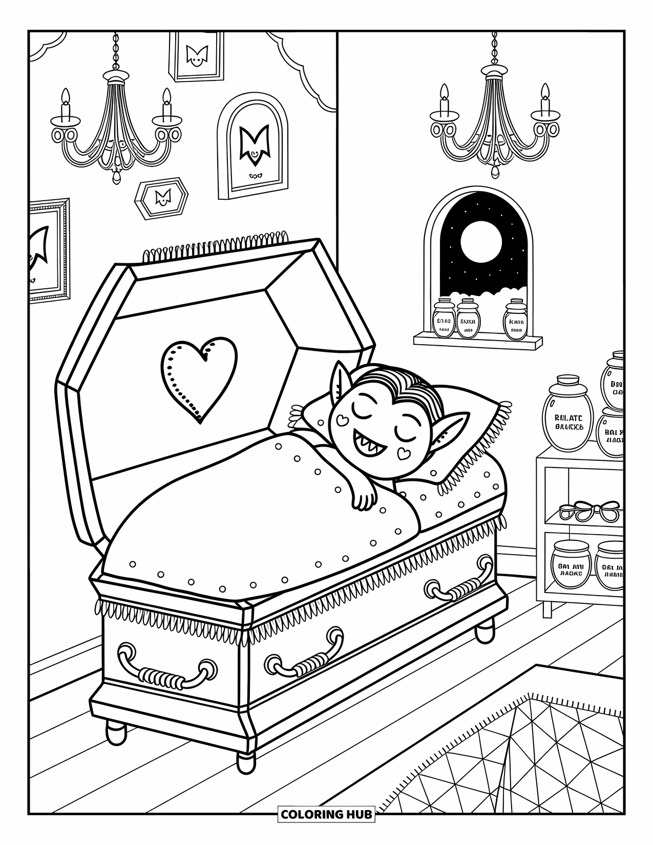 Halloween Monster Coloring Page for Adults: A sleepy vampire snoozes in a coffin with heart pillows and tiny curtains