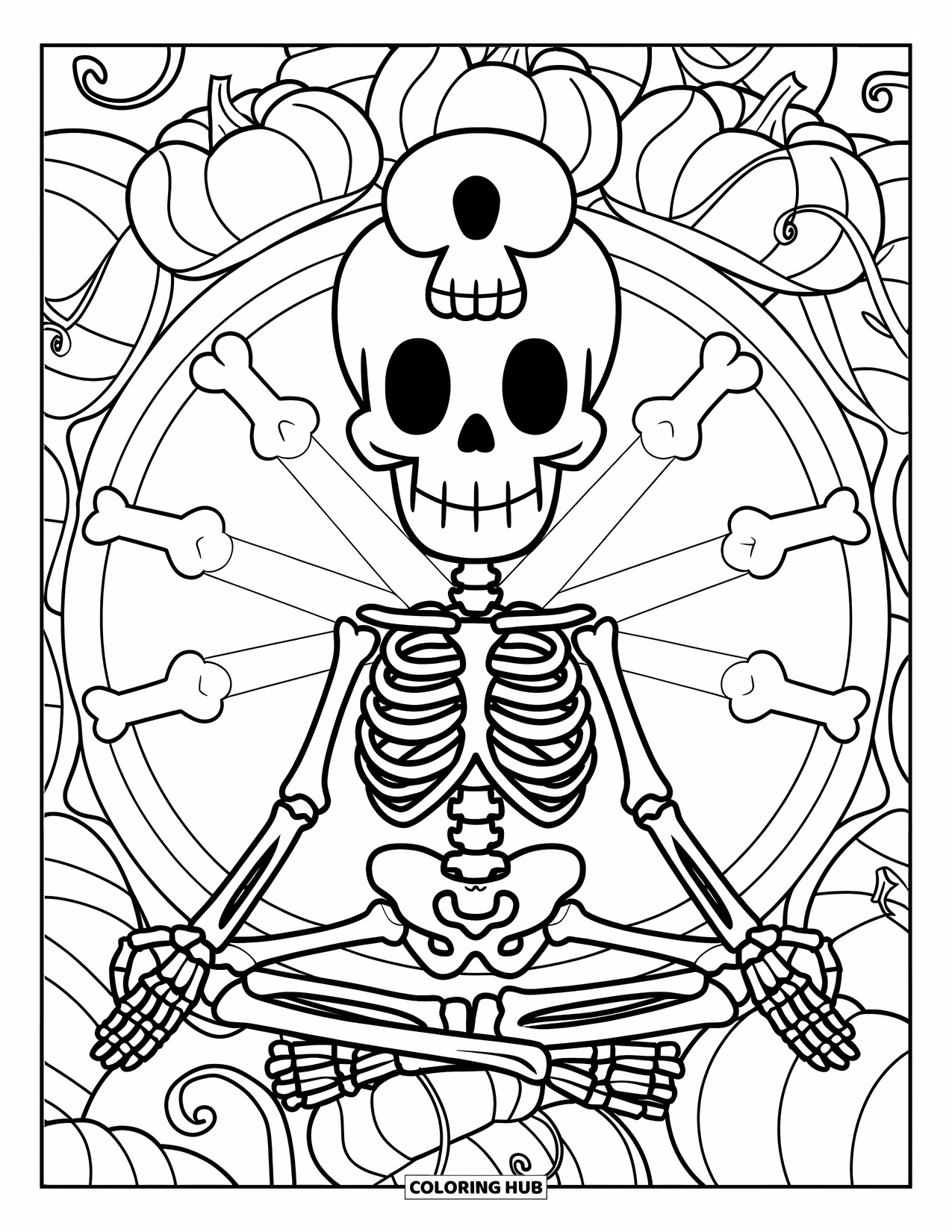 Halloween Monster Coloring Page for Adults: A smiling skeleton meditates inside a mandala of curling bones and pumpkins