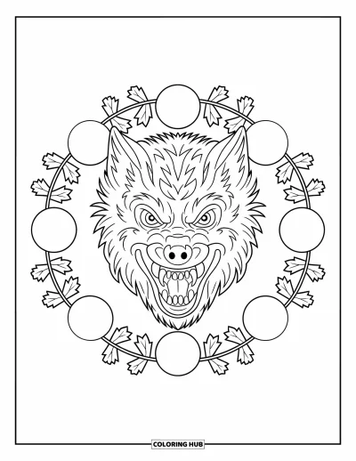 Coloriage de monstres d'Halloween pour adultes : Un loup-garou grondant encadré par des pleines lunes et des feuilles de chêne