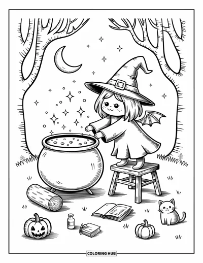 Coloriage de monstres d'Halloween pour adultes : Une petite sorcière debout sur un tabouret plonge la main dans un chaudron magique