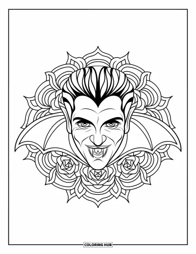 Coloriage de monstres d'Halloween pour adultes : Un vampire au regard serein issu d'un mandala de roses et d'ailes de chauve-souris