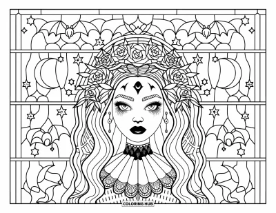 Coloriage de monstres d'Halloween pour adultes : Une vampire encadrée de chauves-souris, de lunes et de roses dans un vitrail
