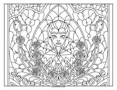 Coloriage de monstres d'Halloween pour adultes : Une vampire entourée de roses en vitrail et de créatures nocturnes