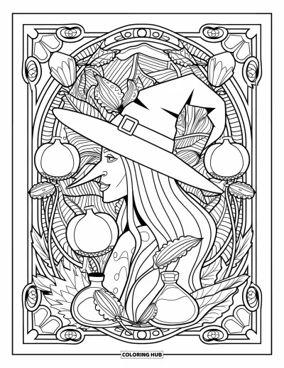 Coloriage de monstres d'Halloween pour adultes : Une sorcière de profil entourée de lianes, de belladone et de fioles de potion
