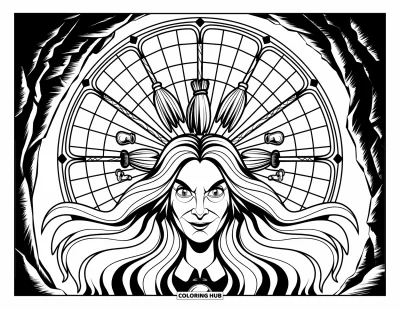 Coloriage de monstres d'Halloween pour adultes : Une sorcière aux cheveux flottants sourit mystérieusement entourée d'un halo d'objets magiques