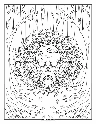Coloriage de monstres d'Halloween pour adultes : Le regard creux d'un zombie surgissant d'un mandala de racines et de lianes