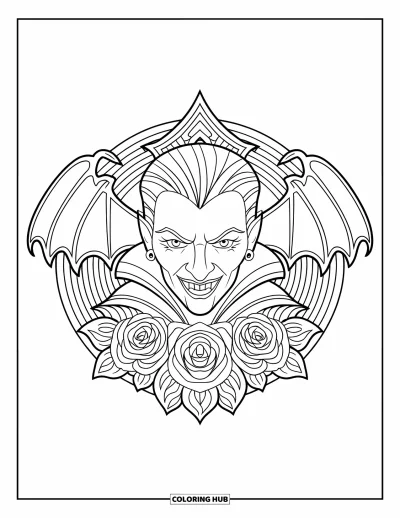 Coloriage de monstres d'Halloween pour adultes : Un vampire élégant encadré d'un mandala de roses et d'ailes de chauve-souris