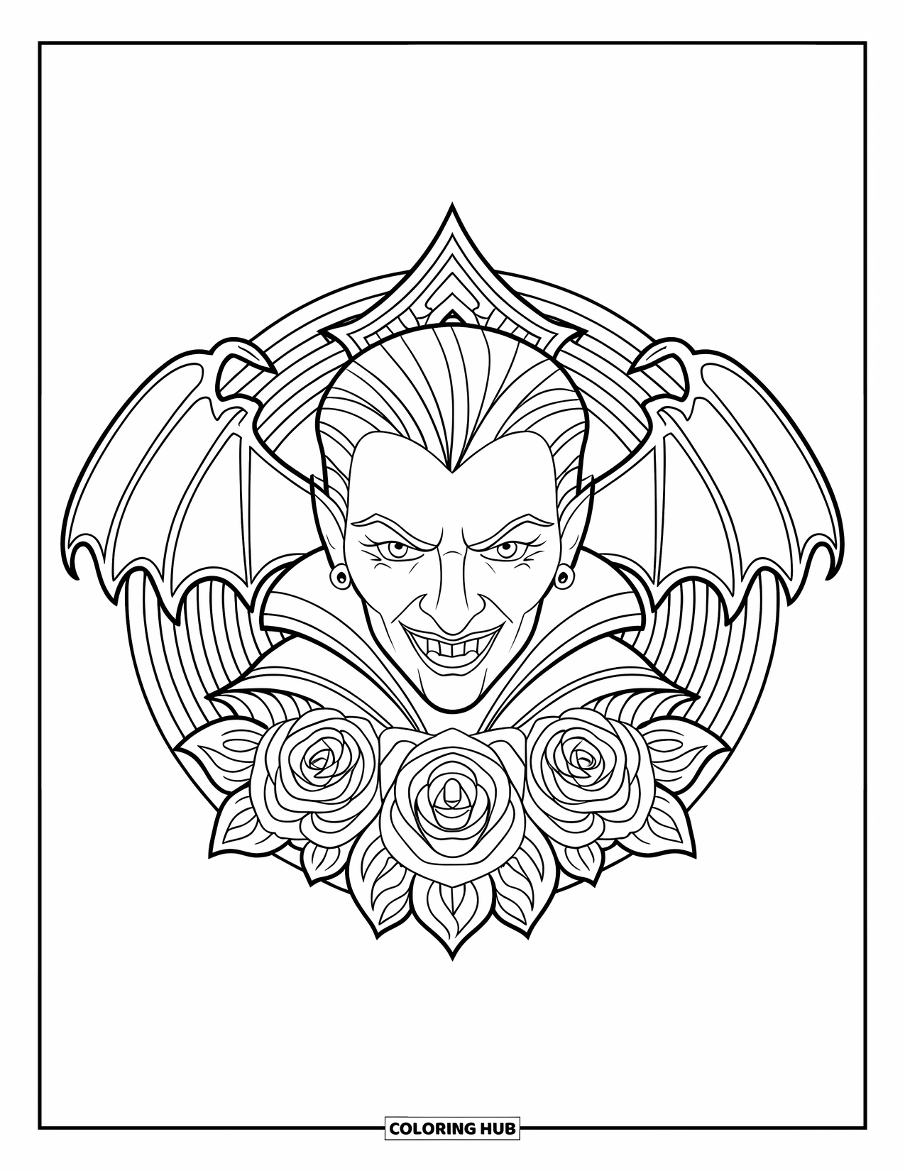 Halloween Monster Coloring Page for Adults: An elegant vampire framed by a mandala of roses and bat wings