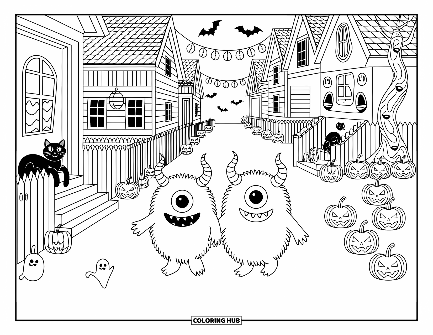 Halloween Monster Coloring Page for Adults: Two cute monsters walk down a cobblestone street lined with spooky houses