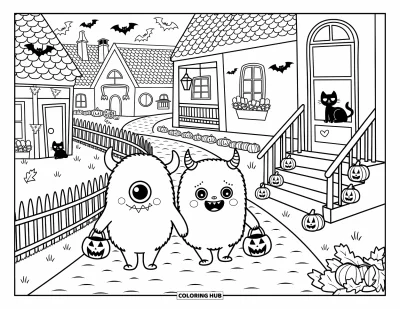 Coloriage de monstres d'Halloween pour adultes : Deux monstres amis se promènent sous des lanternes lumineuses et des clôtures de travers