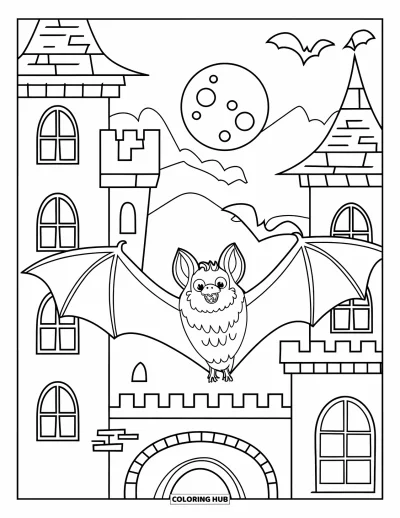 Coloriage de monstres d'Halloween pour enfants : Une chauve-souris tourne au-dessus d'un grand château aux tours pointues et aux arches