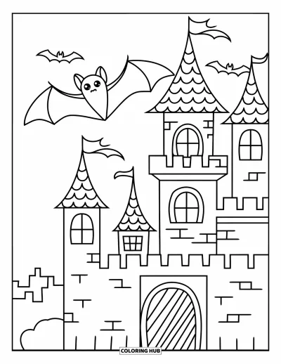 Coloriage de monstres d'Halloween pour enfants : Une chauve-souris survole un château hanté sous la brillante lune d'Halloween