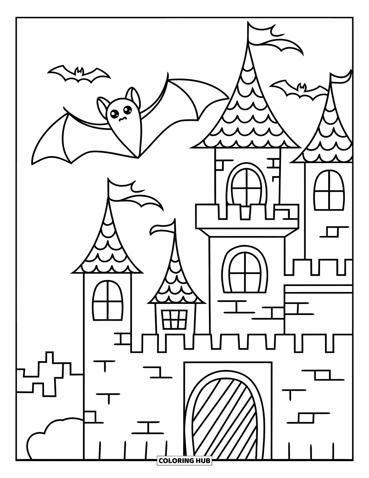 Halloween Monster Coloring Page for Kids: A bat flies over a haunted castle beneath the bright Halloween moon