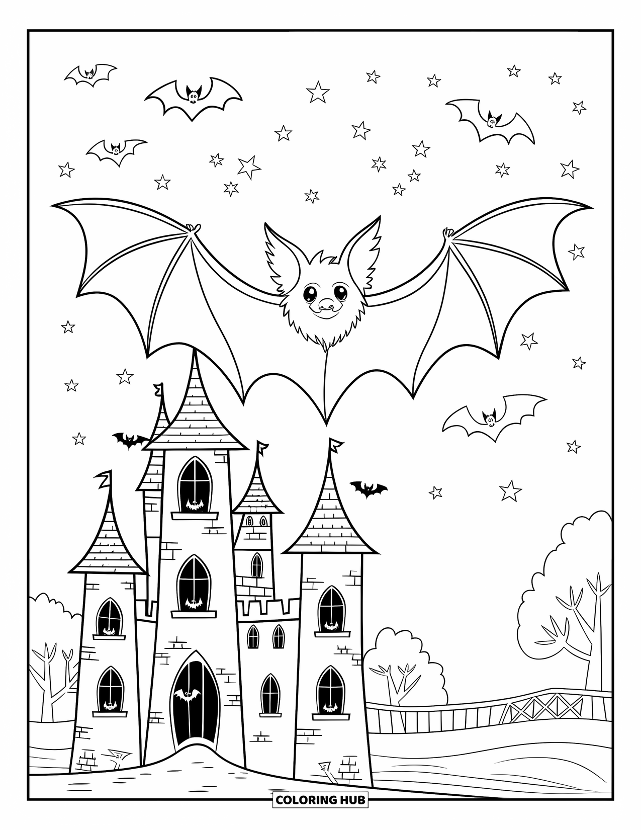 Halloween Monster Coloring Page for Kids: A bat glides above a haunted castle with towers and a stone bridge