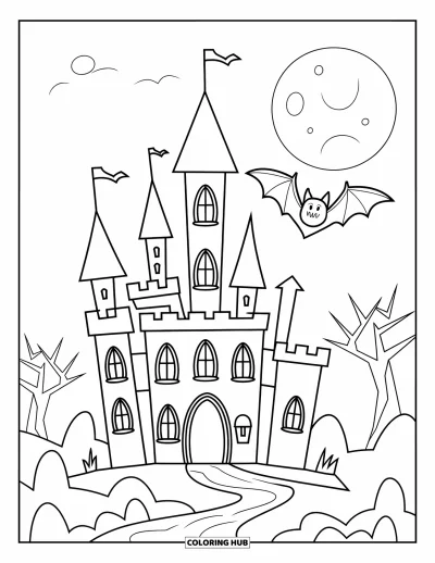 Coloriage de monstres d'Halloween pour enfants : Une chauve-souris survole un château inquiétant entouré d'arbres sous le clair de lune