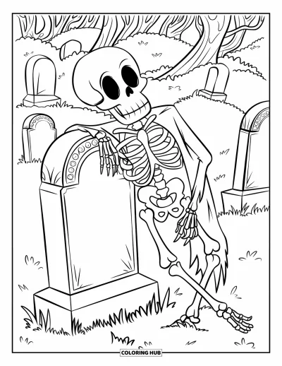 Coloriage de monstres d'Halloween pour enfants : Un squelette espiègle s'accoude à une pierre tombale sculptée sous des arbres noueux