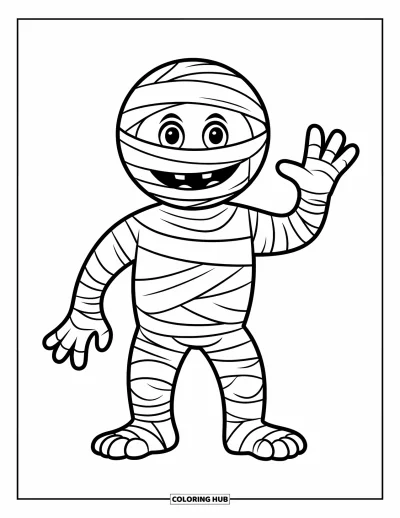 Coloriage de monstres d'Halloween pour enfants : Une momie gaie agite la main avec de grands yeux et des bras bandés