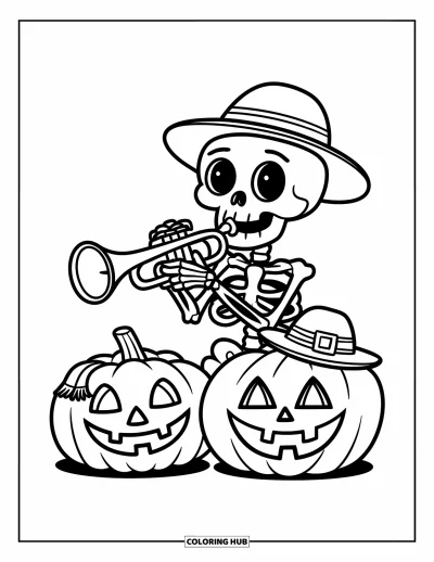 Coloriage de monstres d'Halloween pour enfants : Un squelette joyeux coiffé d'un chapeau joue de la trompette à côté de citrouilles souriantes