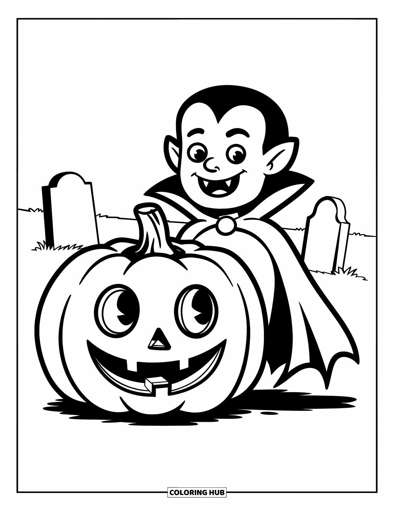 Halloween Monster Coloring Page for Kids: A cheerful vampire stands by a pumpkin in a graveyard
