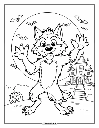 Coloriage de monstres d'Halloween pour enfants : Un loup-garou souriant lève les bras lors d'une nuit de pleine lune avec des chauves-souris