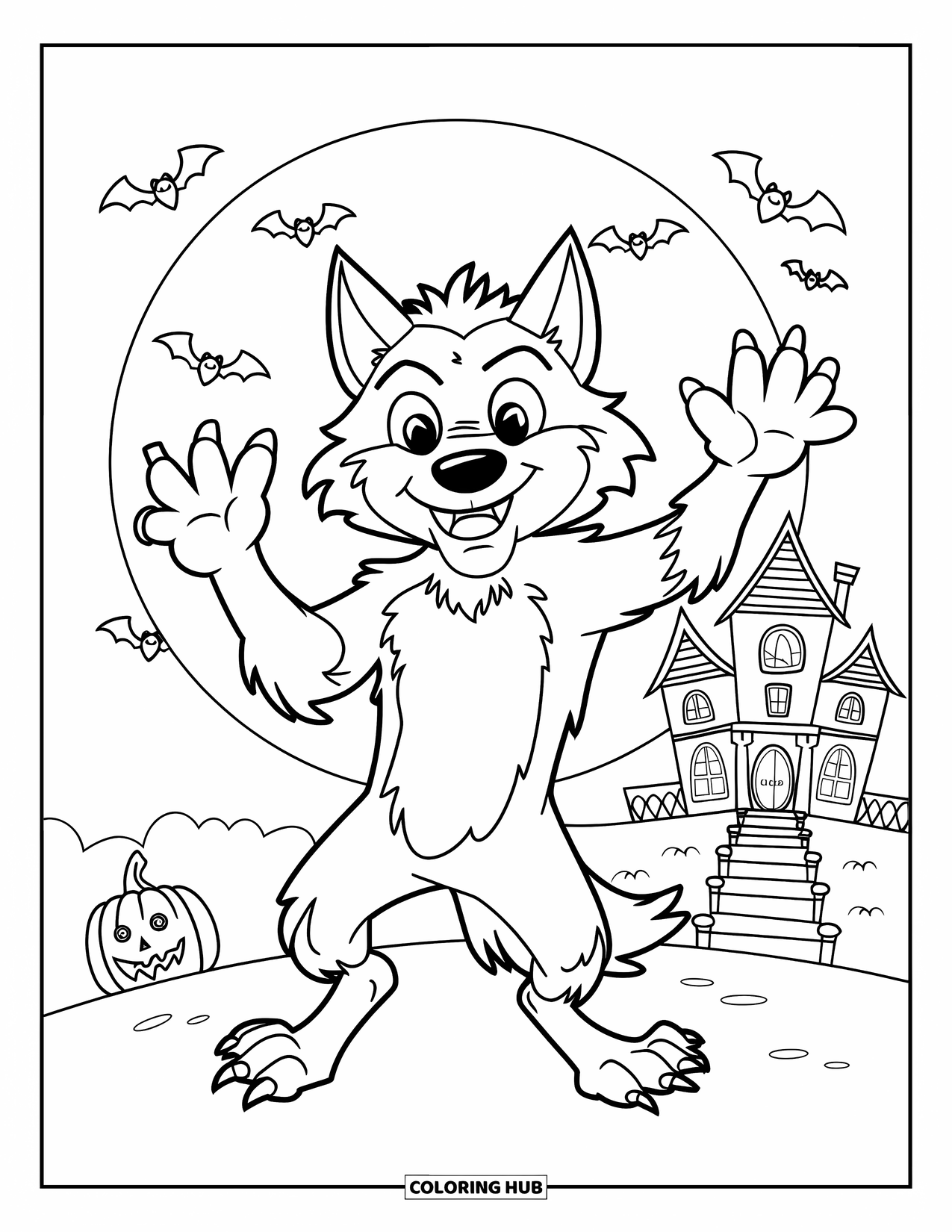 Halloween Monster Coloring Page for Kids: A cheerful werewolf raises its arms on a moonlit night with bats