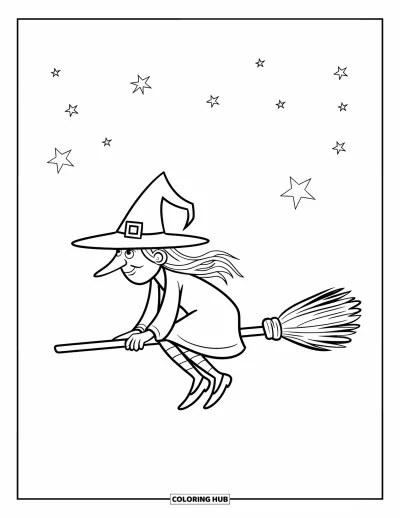 Coloriage de monstres d'Halloween pour enfants : Une sorcière classique vole sur son balai sous quelques étoiles scintillantes