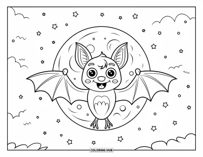 Coloriage de monstres d'Halloween pour enfants : Une adorable chauve-souris déploie ses ailes en volant devant une pleine lune