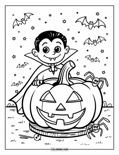 Coloriage de monstres d'Halloween pour enfants : Un mignon vampire avec une cape et des crocs se tient près d'une citrouille lumineuse
