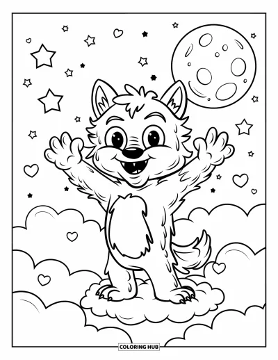 Coloriage de monstres d'Halloween pour enfants : Un adorable loup-garou fait joyeusement signe sous les étoiles et une lune brillante