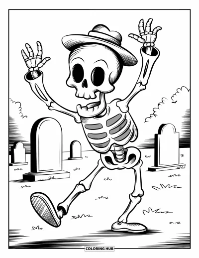 Coloriage de monstres d'Halloween pour enfants : Un squelette dansant en rayures tourbillonne entre de vieilles pierres tombales