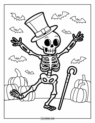 Coloriage de monstres d'Halloween pour enfants : Un squelette dansant agite les bras, portant un chapeau et une canne