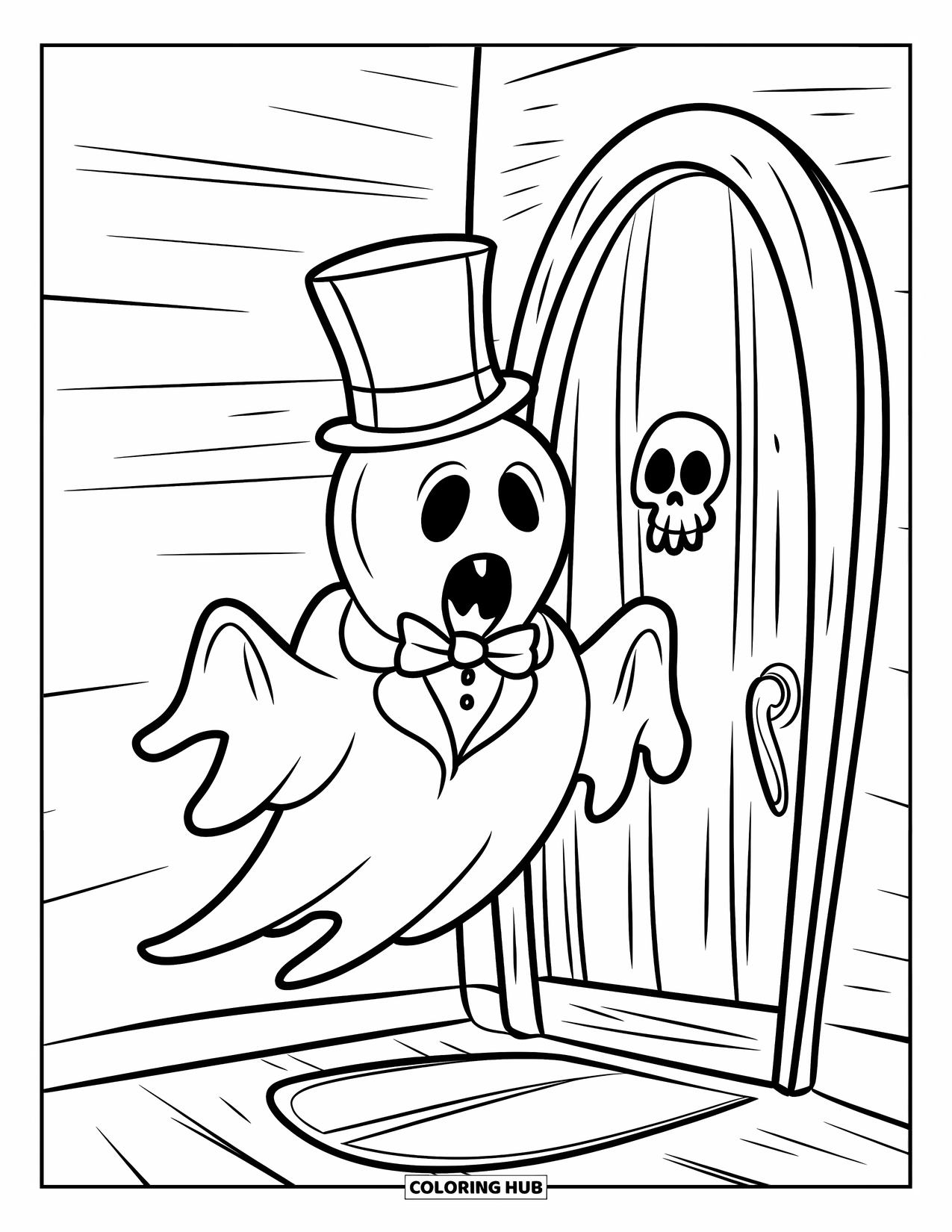 Halloween Monster Coloring Page for Kids: A dapper ghost steps out of a haunted mansion door at night