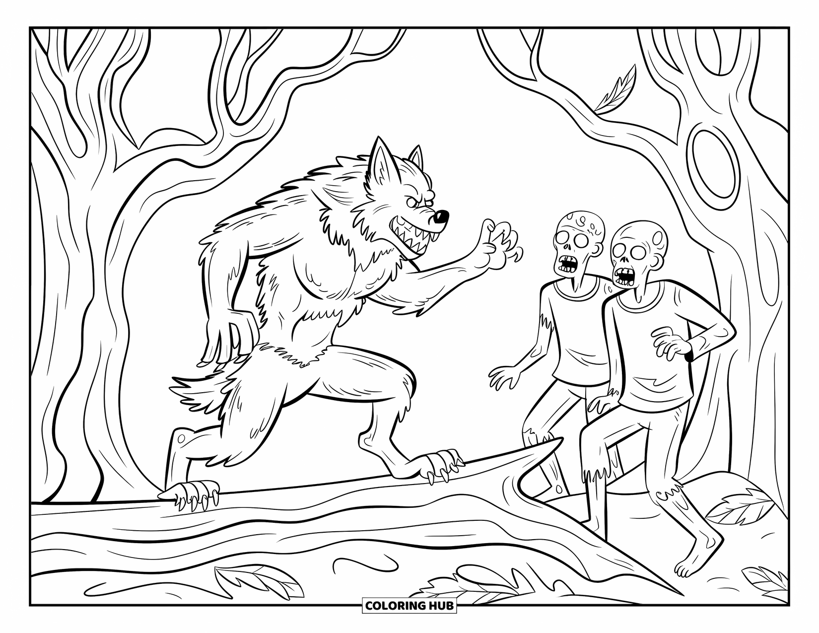 Halloween Monster Coloring Page for Kids: A fierce werewolf fights zombies on a log beneath dark, tangled trees