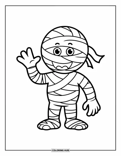 Coloriage de monstres d'Halloween pour enfants : Une momie souriante fait signe de la main avec un grand sourire