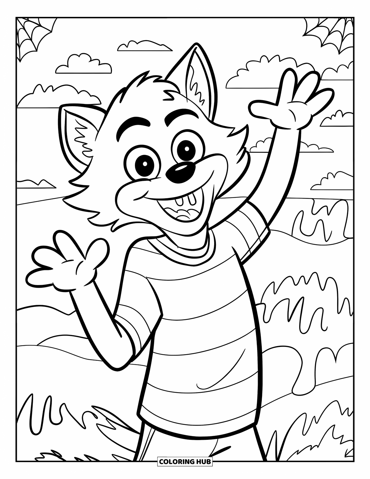 Halloween Monster Coloring Page for Kids: A friendly werewolf plays pretend, smiling with its arms in the air