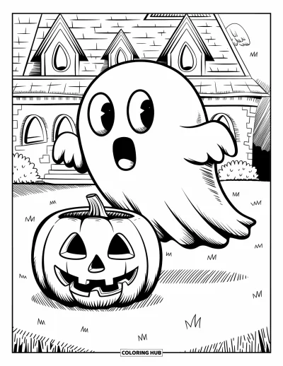 Coloriage de monstres d'Halloween pour enfants : Un fantôme flotte près d'une citrouille devant une vieille maison sinistre